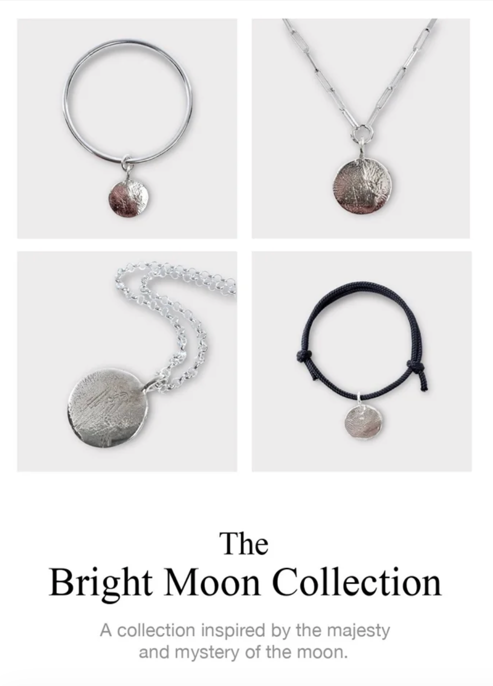catalog sheet of bright moon collection. showing the silver bright moon motif in variations of two necklaces and two bracelets.