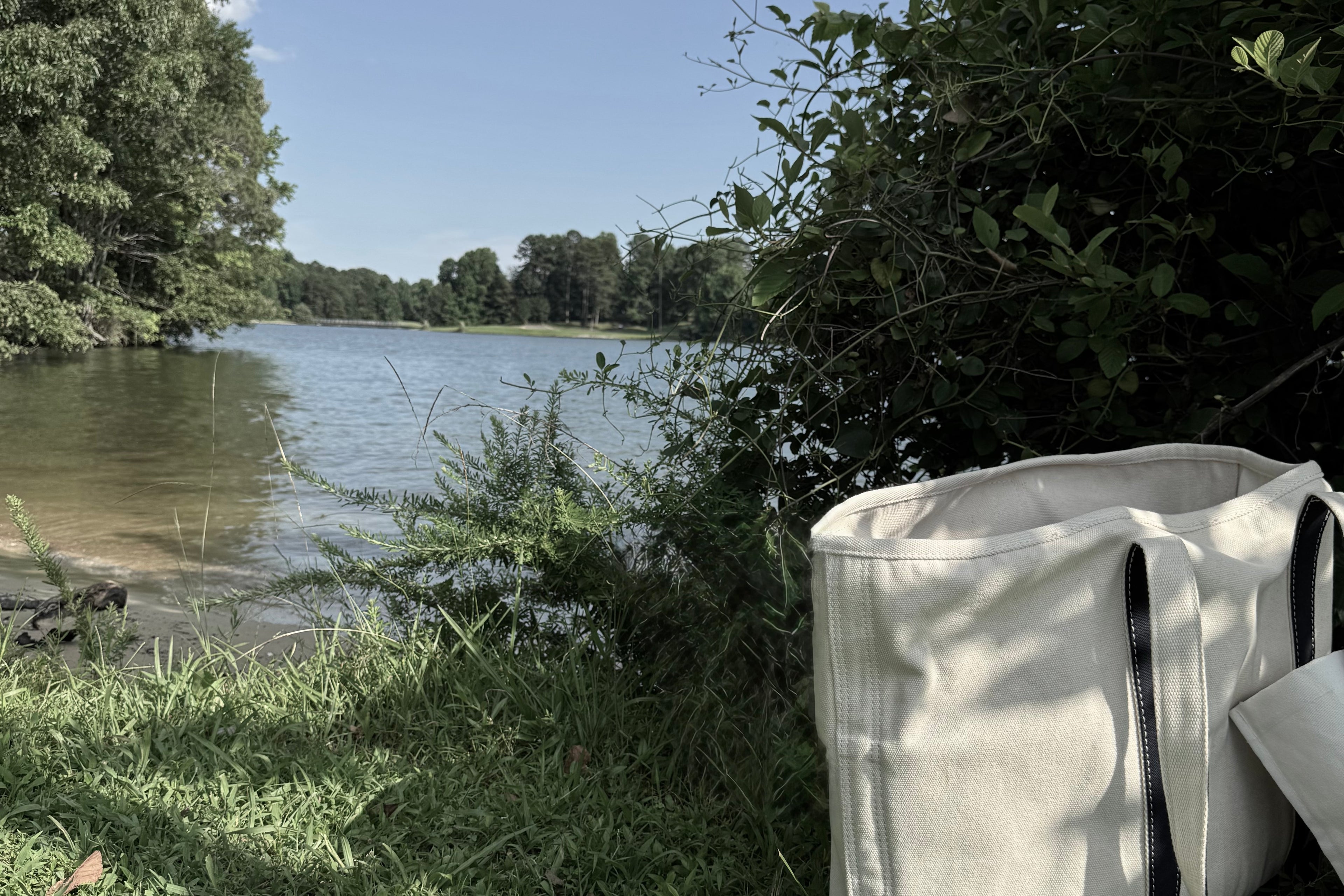 Amanda Hufford Studio cotton tote bag resting on the shore beside a body of water in North Carolina
